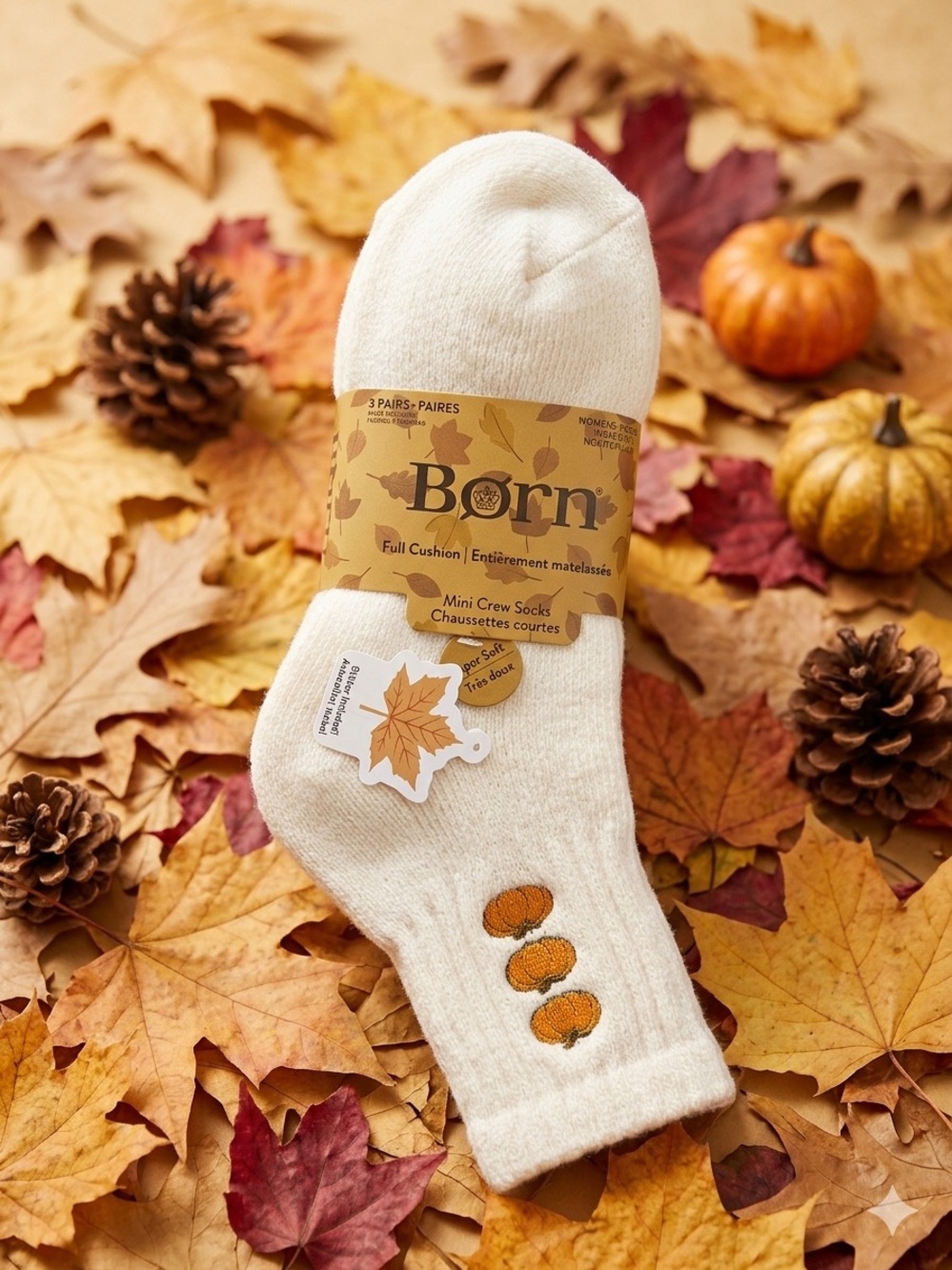 Born Cream Mini Crew Socks with Orange Pumpkin Embroidery super soft ! 3 pairs